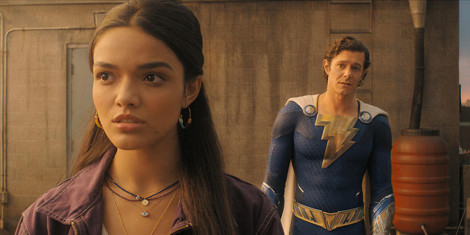 (L-r) RACHEL ZEGLER as Anthea and ADAM BRODY as Super Hero Freddy in New Line Cinema’s action adventure “SHAZAM! FURY OF THE GODS,” a Warner Bros. Pictures release.