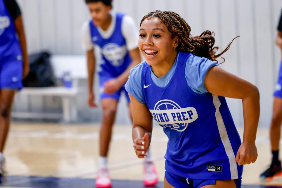 Sania Richardson runs drills during a Grind Prep basketball practice at the Oklahoma Athletic Center in Oklahoma City, on Monday, April 1, 2024.