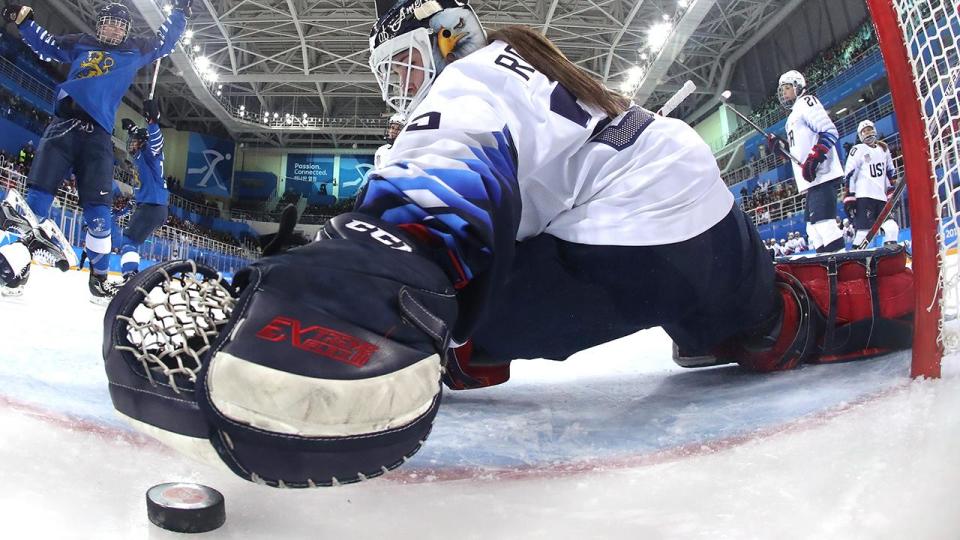 <p>Finland's Venla Hovi celebrates after scoring a goal against the USA.</p>