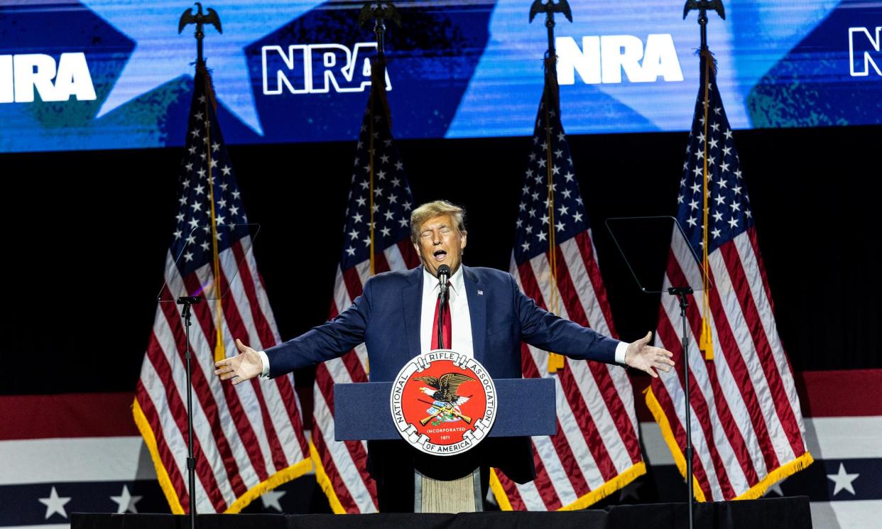 <span>Donald Trump speaks at the NRA’s Great American Outdoor Show, 9 February 2024, in Harrisburg, Pennsylvania. </span><span>Photograph: Sean Simmers/AP</span>
