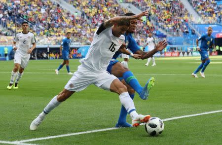 Soccer Football - World Cup - Group E - Brazil vs Costa Rica - Saint Petersburg Stadium, Saint Petersburg, Russia - June 22, 2018 Costa Rica's Cristian Gamboa in action with Brazil's Gabriel Jesus REUTERS/Marcos Brindicci