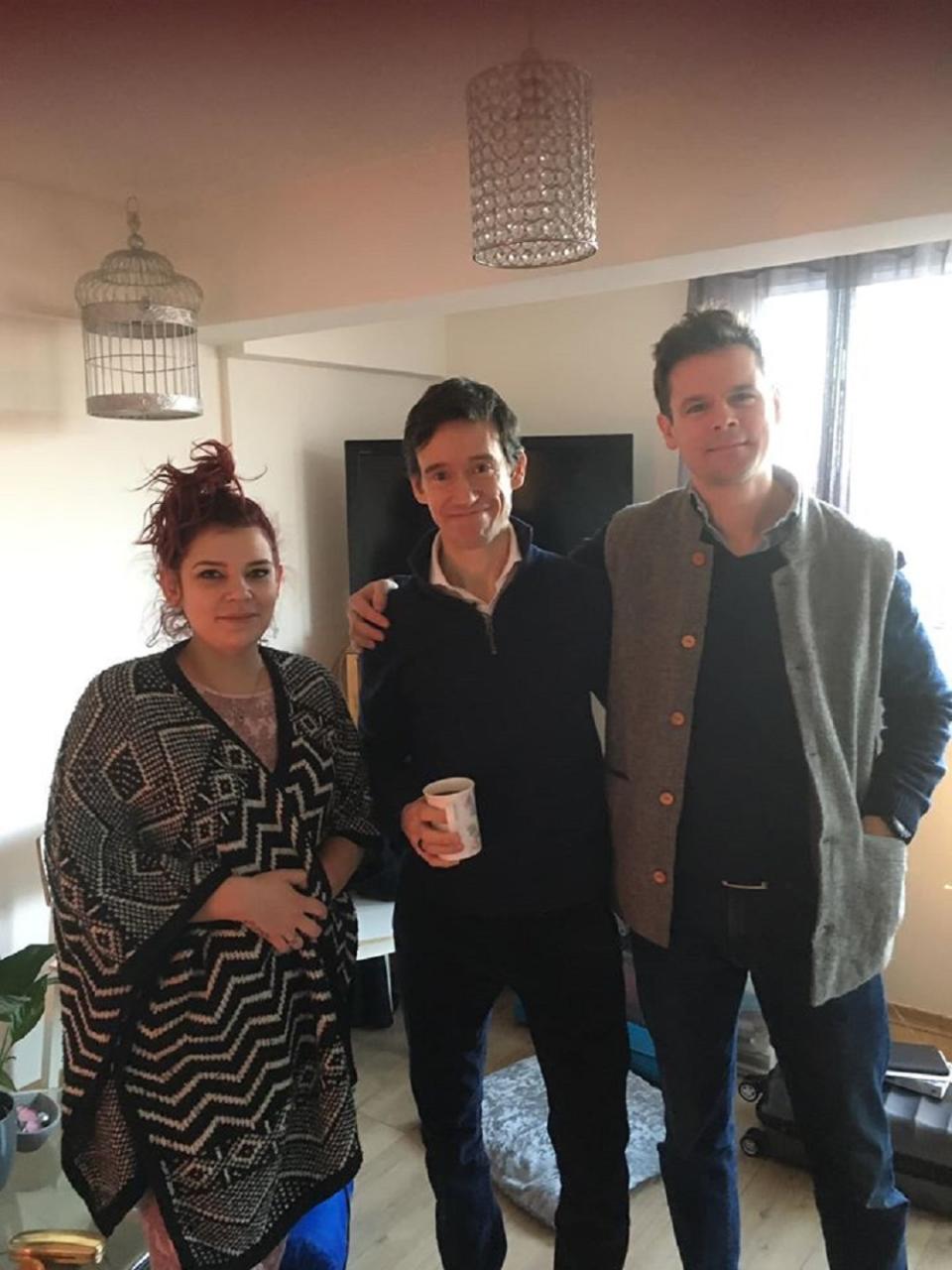 Rory Stewart spoke with volunteer Ria (left) during his stay at Lorraine Tabone's flat