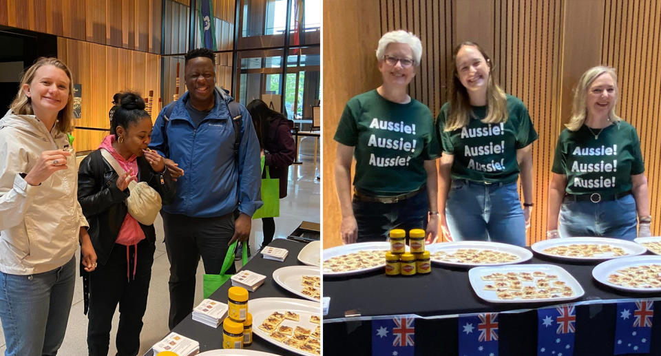 Left, Americans try Vegemite at the event. Right, volunteers standing behind Vegemite crackers. 