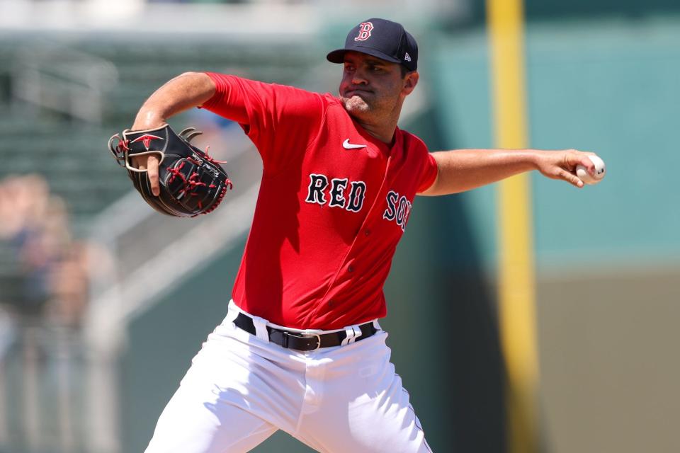 Boston Red Sox relief pitcher Richard Bleier throws a pitch against the Atlanta Braves in the fifth inning during spring training at JetBlue Park at Fenway South on March 28, 2023.