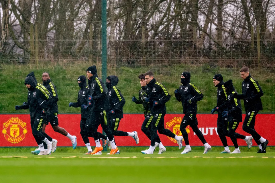 MANCHESTER, ENGLAND - MARCH 08: Manchester United in actio during a training session ahead of their UEFA Europa League round of 16 leg one match against Real Betis at Old Trafford on March 08, 2023 in Manchester, England. (Photo by Ash Donelon/Manchester United via Getty Images)