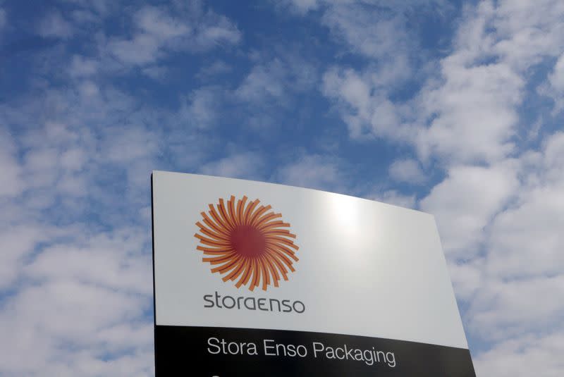 FILE PHOTO: Stora Enso company logo is seen near a packaging mill in Riga