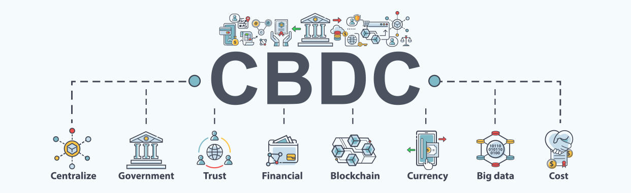 CBDC Central Bank Digital Currency banner web icon for financial and digital payment, government, centralize, trust, money and blockchain. Minimal modern vector infographic.