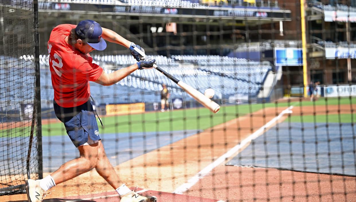 Venice High graduate Marek Houston takes batting practice at the Major League Baseball combine, which was held June 14-17 at Petco Field in San Diego. COURTESY PHOTO