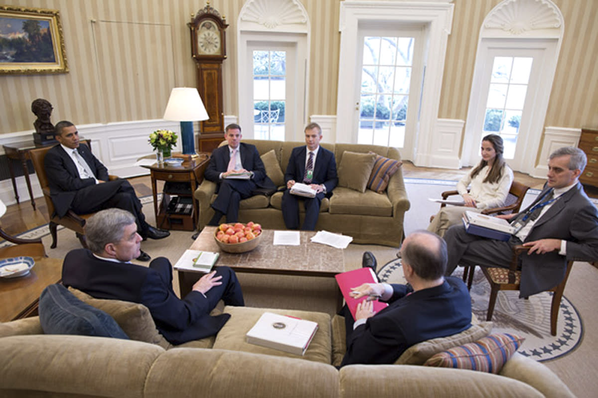 U.S. President Barack Obama (L) meets with National Security staff in the Oval Office in this White House photograph taken on March 8, 2012 and obtained on June 13, 2013. (Pete Souza/The White House/Handout via Reuters)
