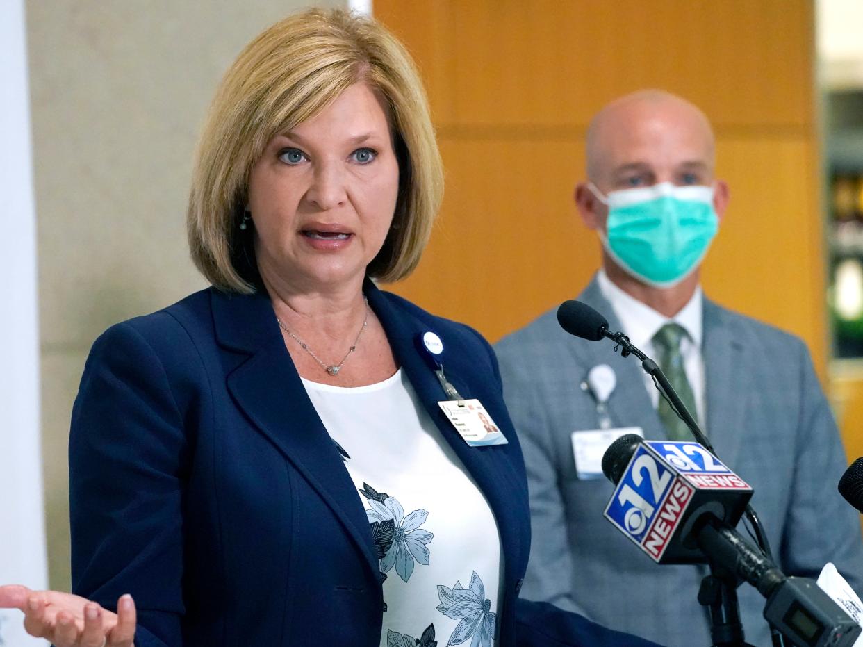 Dr LouAnn Woodward speaks during a press conference on 16 July, 2021.  (AP)