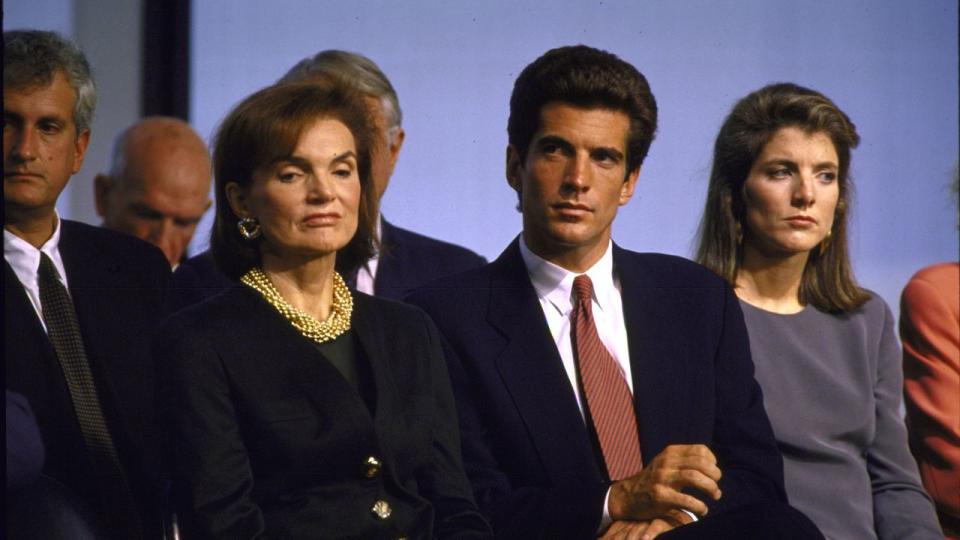 Jacqueline Kennedy Onassis w. son John Jr., daughter Caroline Kennedy & son-in-law Edwin Schlossberg. Photo by Diana Walker/Getty Images.