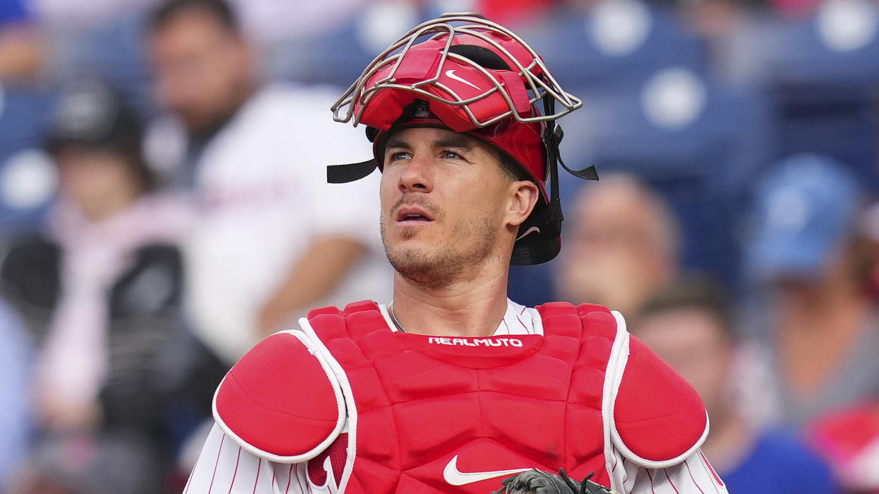 J.T. Realmuto is among the Phillies players who won't be able to play in this week's series against the Blue Jays in Toronto. (Photo by Mitchell Leff/Getty Images)