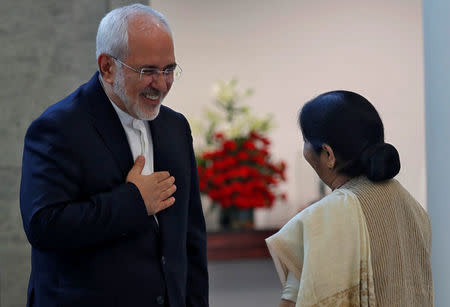 Iran's Foreign Minister Mohammad Javad Zarif is greeted by his Indian counterpart Sushma Swaraj upon his arrival for a photo opportunity in New Delhi, India, May 28, 2018. REUTERS/Altaf Hussain
