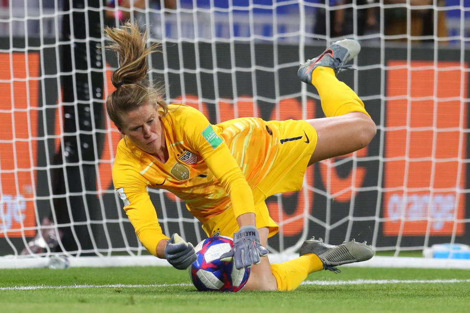 LYON, FRANCE - JULY 02: Alyssa Naeher of the USA saves a penalty during the 2019 FIFA Women's World Cup France Semi Final match between England and USA at Stade de Lyon on July 02, 2019 in Lyon, France. (Photo by Catherine Ivill - FIFA/FIFA via Getty Images)