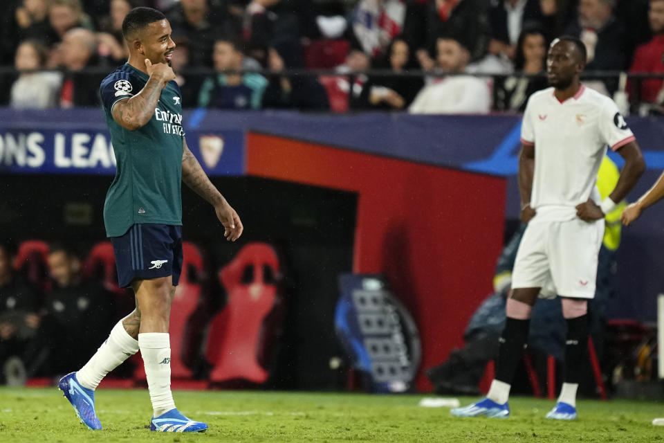 Arsenal's Gabriel Jesus celebrates after scoring his sides second goal during the Champions League Group B soccer match between Sevilla and Arsenal at the Ramon Sanchez-Pizjuan stadium in Seville, Spain, Tuesday Oct. 24, 2023. (AP Photo/Jose Breton)