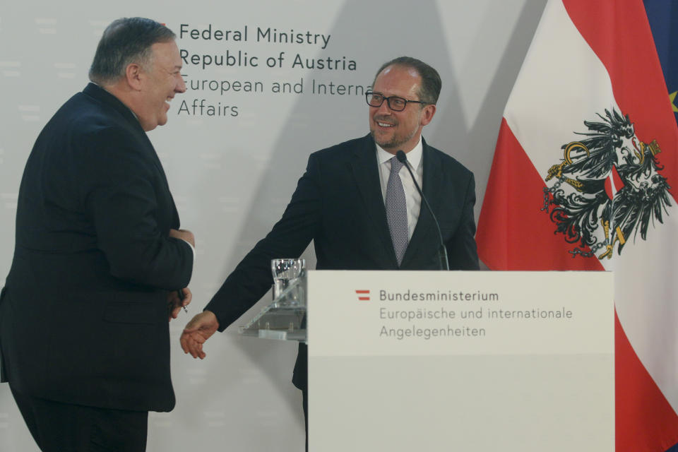 US Secretary of State Mike Pompeo, left, attends a joint news conference with Austrian Foreign Minister Alexander Schallenberg in Vienna, Austria, Friday, Aug. 14, 2020. Pompeo is on a five-day visit to central Europe. (Photo/Ronald Zak)