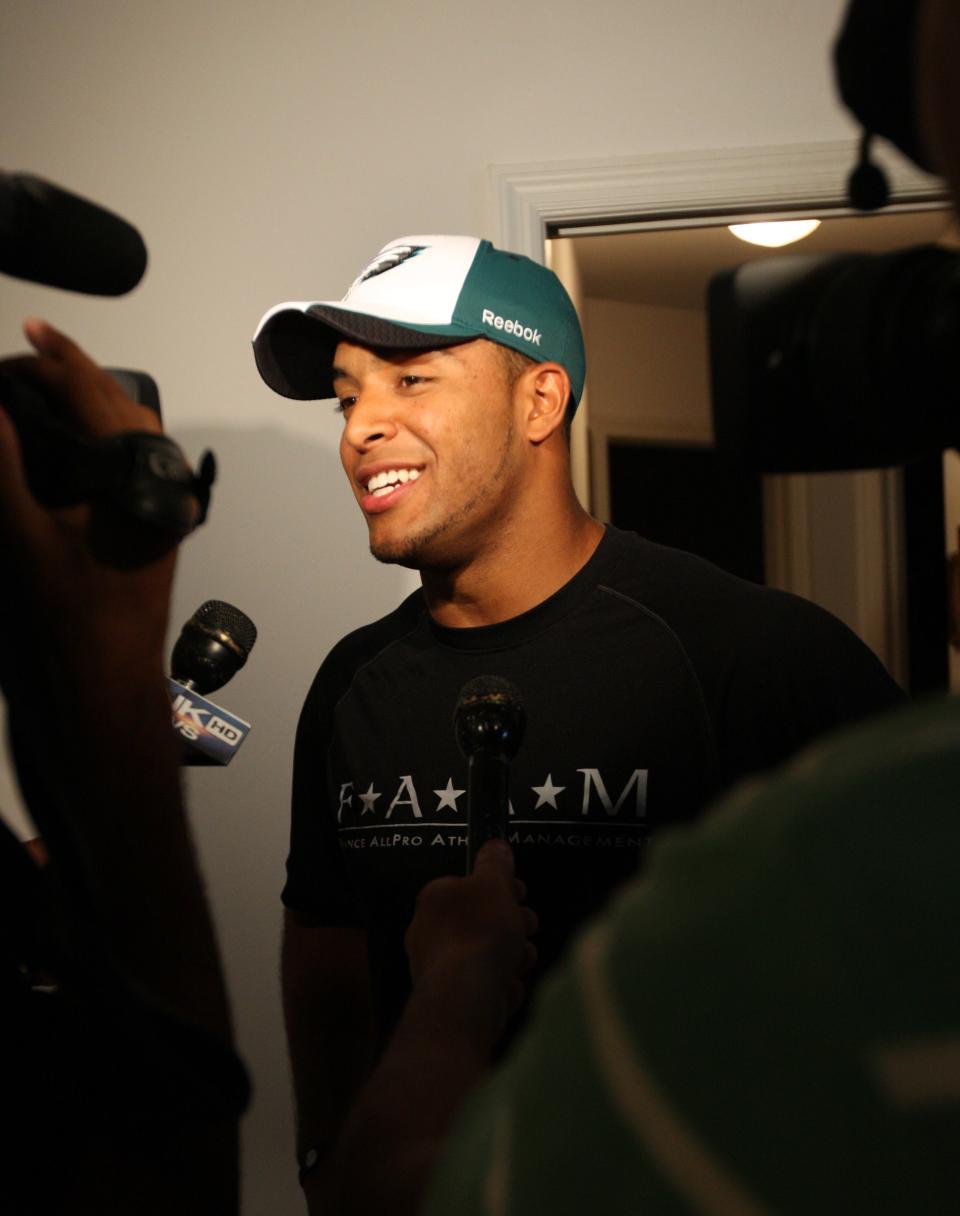 Nate Allen is interviewed after he was drafted by Philadelphia in the second round of the NFL Draft on Friday, April 23, 2010, at his family's home in Cape Coral.