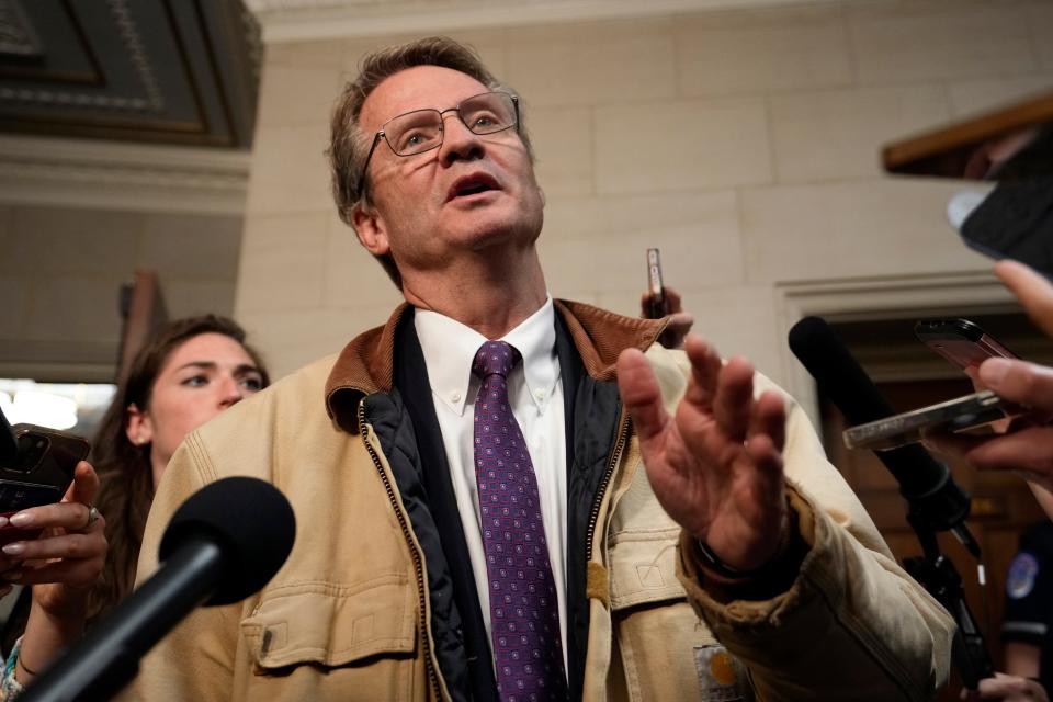 Rep. Tim Burchett, R-Tenn., speaks to reporters as Republicans meet to decide who to nominate to be the new House speaker, on Capitol Hill in Washington, Monday, Oct. 23, 2023. (AP Photo/Alex Brandon)