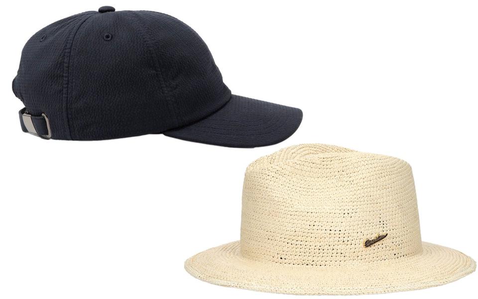 Seersucker cap, £125, Sunspel; Rollable crochet, £255, Borsalino