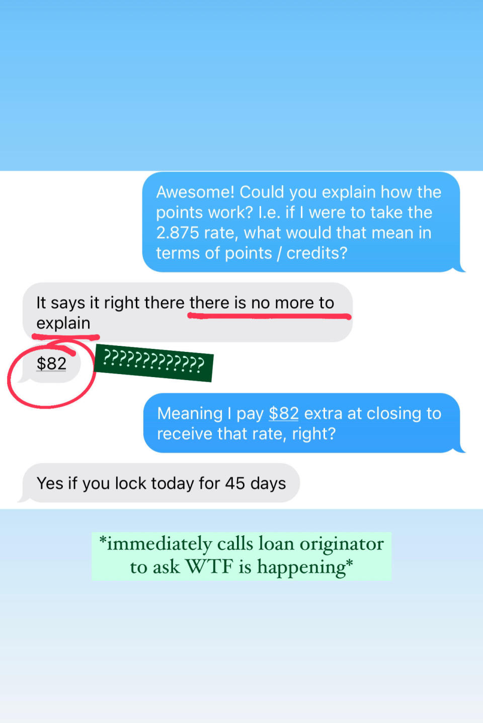 Confusing text exchange between author and loan originator with text: "immediately calls loan originator to ask WTF is happening"
