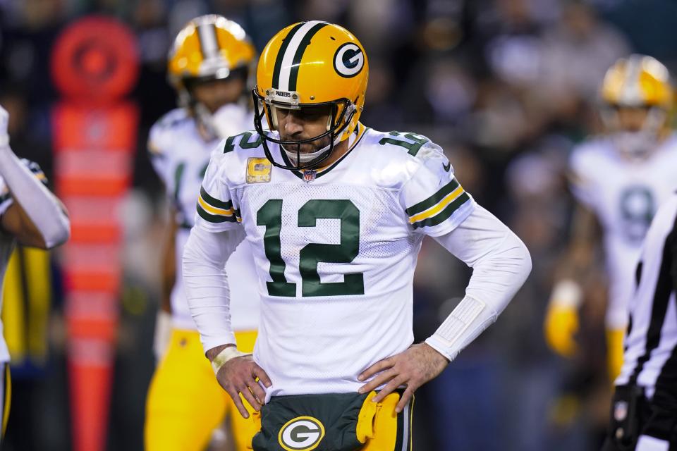 Green Bay Packers quarterback Aaron Rodgers reacts during the second half of an NFL football game against the Philadelphia Eagles, Sunday, Nov. 27, 2022, in Philadelphia. (AP Photo/Chris Szagola)