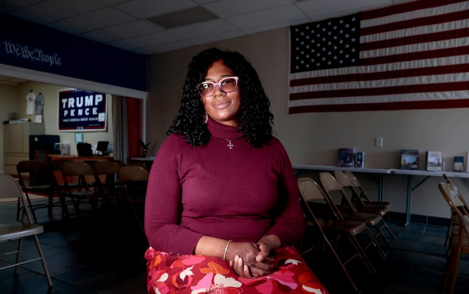 Kristina Karamo, the chairperson of the Michigan Republican Party, inside a Macomb County Republican office at a strip mall in Clinton Township on April 11, 2023.