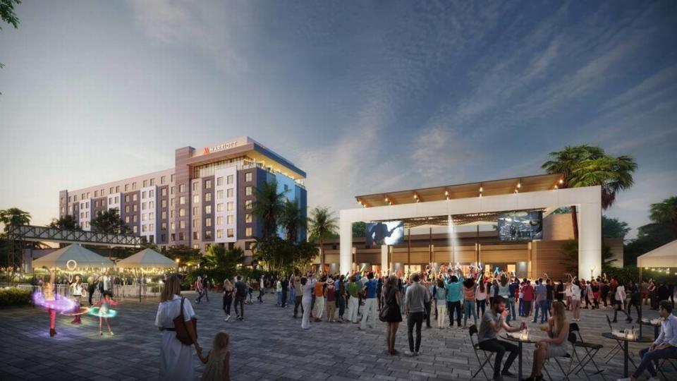 The Yard is envisioned as an amphitheater and stage surrounded by the Marriott Hotel, the convention center and planned retail space. Marriott Palmetto rendering