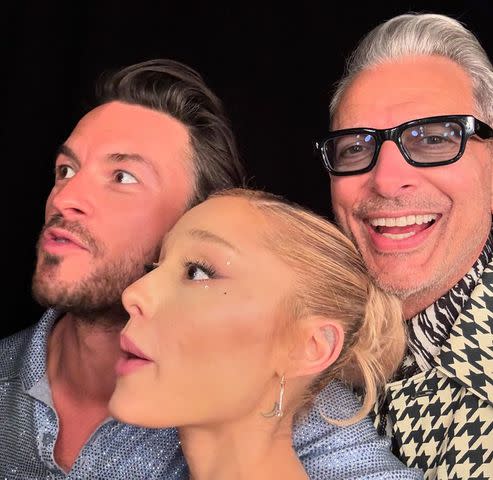 <p>Jeff Goldblum/Instagram</p> Jonathan Bailey, Ariana Grande and Jeff Goldblum