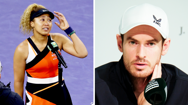 Andy Murray (pictured right) during a press conference and (pictured left) Naomi Osaka upset and speaking after her Indian Wells loss.