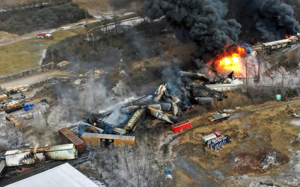 The aftermath of the freight train derailment earlier this month - AP/Gene J Puskar