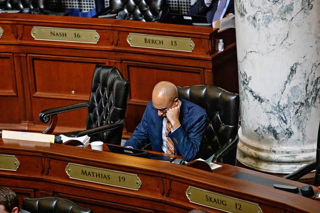 Idaho state Rep. Chris Mathias on the last day of the legislative session on March 31, 2022, in Boise. Mathias is one of 14 Democrats in the state House. (Photo: Kim Raff for HuffPost)