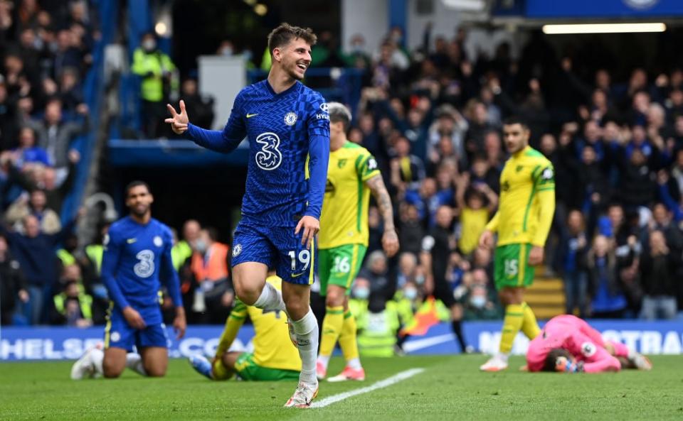 Mason Mount celebrates completing his hat-trick in the emphatic win over Norwich (Getty Images)