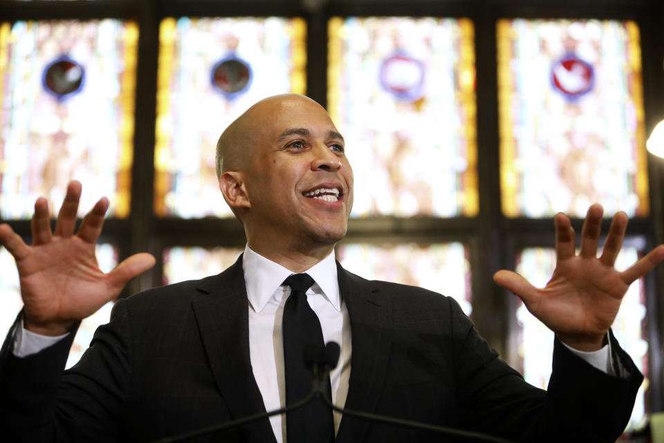 Democratic presidential candidate, Sen. Cory Booker, D-N.J., speaks about gun control at Mother Emanuel AME Church Wednesday, Aug. 7, 2019, in Charleston, S.C. The church has become synonymous with hate-fueled attacks on people of faith, where nine black Bible study participants were slain in a 2015 racist attack. (AP Photo/Mic Smith)