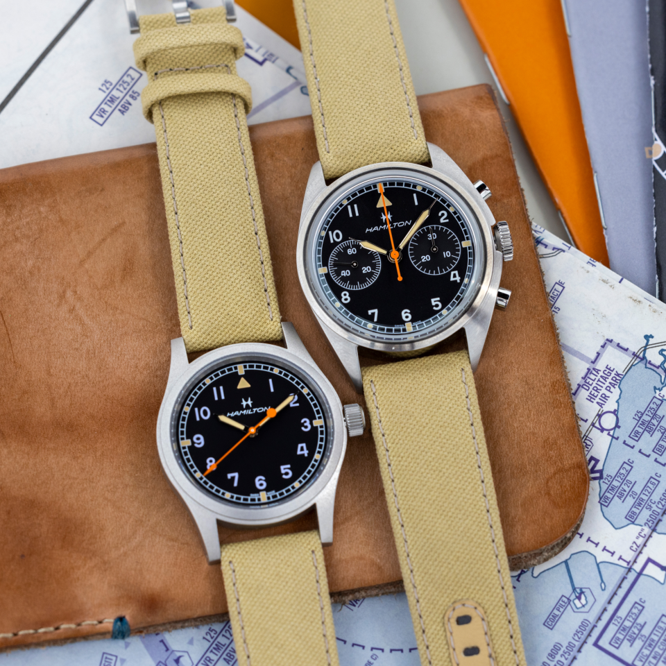 hamilton x hodinkee pilot and field watch on a leather background