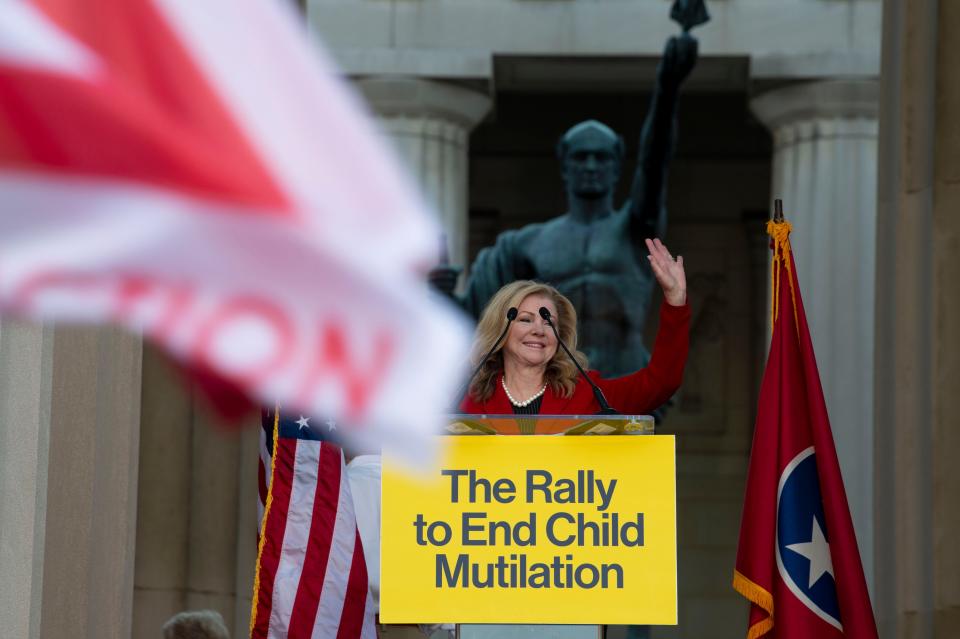 Sen. Marsha Blackburn speaks at a rally against gender affirming care at War Memorial Plaza  in Nashville , Tenn., Friday, Oct. 21, 2022.