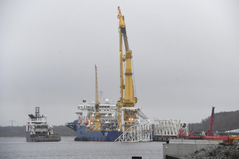 Russian laying ship 'Akademik Tscherski' is moored on the island of Rügen after a test run in the port of Mukran near Sassnitz, Germany. Photo: Stefan Sauer/DPA-Zentralbild/Picture Alliance via Getty