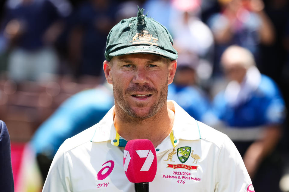 David Warner speaks.