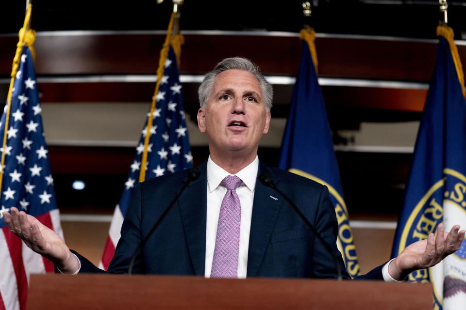 House Minority Leader Kevin McCarthy of Calif. gestures while speaking during his weekly press briefing on Capitol Hill, Thursday, Sept. 30, 2021, in Washington. (AP Photo/Andrew Harnik)