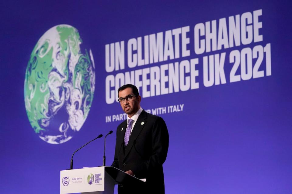 United Arab Emirates' Sultan Ahmed Al Jaber the Minister of Industry and Advanced Technology and Special Envoy for Climate Change speaks at the COP26 U.N. Climate Summit, in Glasgow, Scotland, Wednesday, Nov. 10, 2021. The U.N. climate summit in Glasgow has entered its second week as leaders from around the world, are gathering in Scotland's biggest city, to lay out their vision for addressing the common challenge of global warming. (AP Photo/)