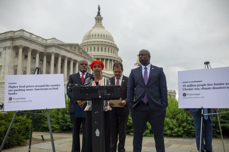 Democratic Rep. Jamaal Bowman said Wednesday he was responsible for pulling a fire alarm in a congressional office building during a key House vote in late September and plans to pay a fine in court. In 2022, Rep. Ilhan Omar, D-MN, center, speaks as Rep. Troy Carter, D-LA, Rep. Jesus Chuy Garcia, D-IL, and Rep. Jamal Bowman, D-NY, (L-R) looked on during a press conference outside the U.S. Capitol about helping alleviate the global and domestic food crisis. Photo by Bonnie Cash/UPI