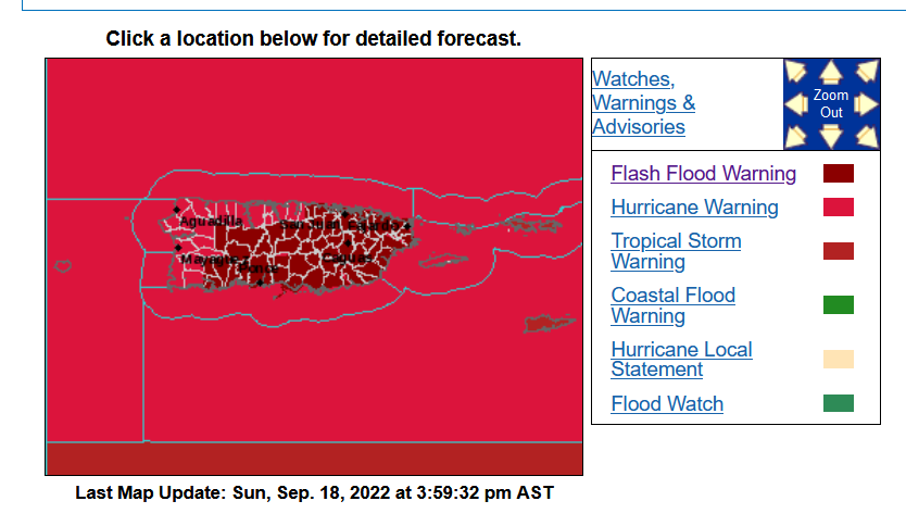 NWS flash flood warnings for Puerto Rico on Sunday 18 September 2022 (US National Weather Service)