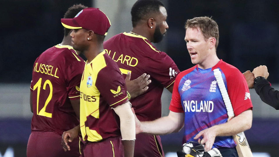 Eoin Morgan, pictured here shaking hands with West Indies players after their opening match at the T20 World Cup.