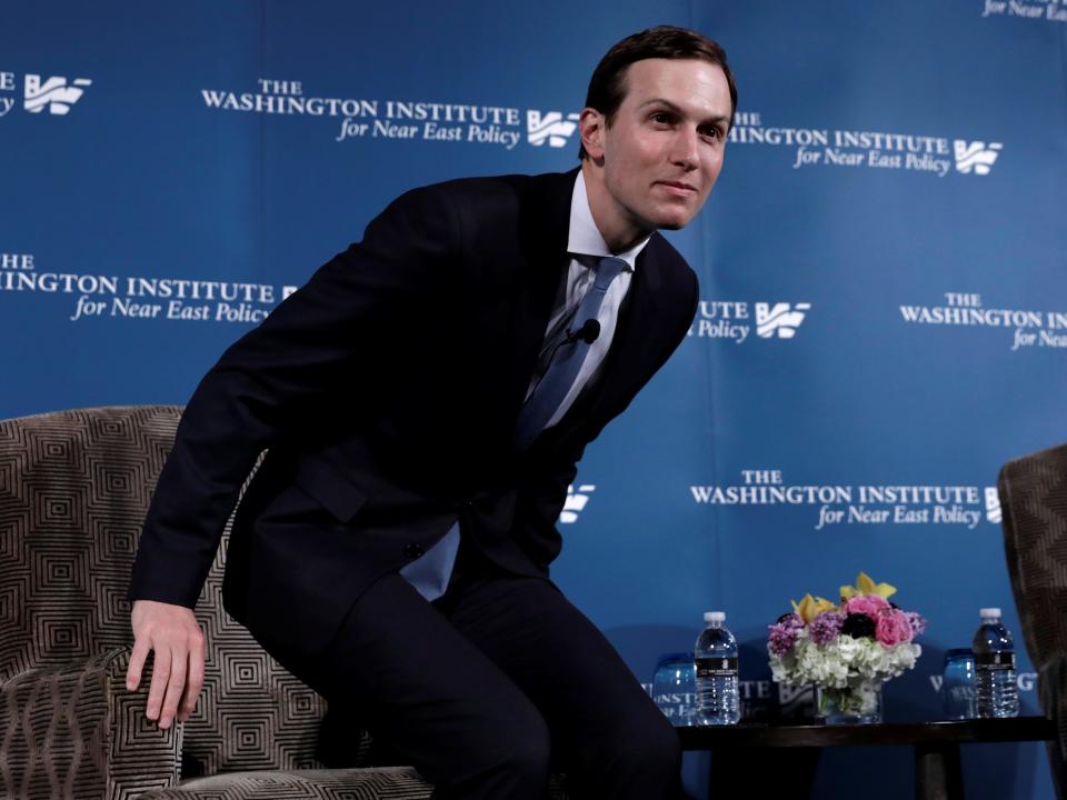 White House senior adviser Jared Kushner, U.S. President Donald Trump's son-in-law, takes a seat before a discussion on "Inside the Trump Administration's Middle East Peace Effort" at a dinner symposium of the Washington Institute for Near East Policy (WINEP) in Washington, U.S., May 2, 2019. REUTERS/Yuri Gripas