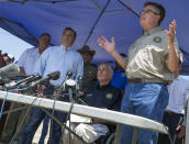 <p>Sen. Ted Cruz, second from left, Texas Governor Greg Abbott, second from right, and Lt. Governor Dan Patrick, right, speak at a press conference in the wake of a school shooting at Santa Fe High School on Friday, May 18, 2018 in Santa Fe, Texas. (PhotoL Stuart Villanueva/The Galveston County Daily News via AP) </p>