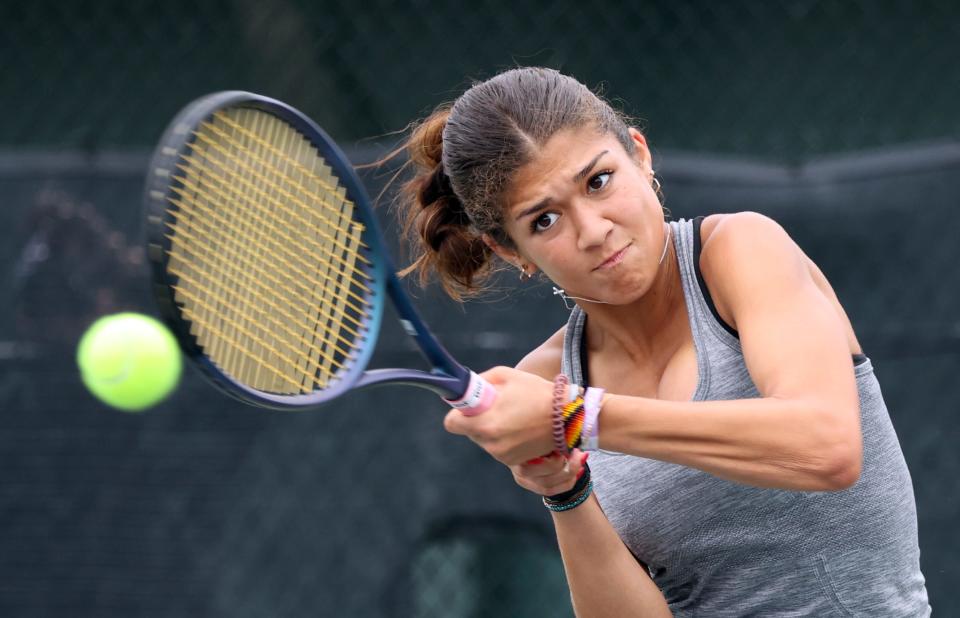 Victoria Ricaurte-Cabas of Edmond North returns a volley to Ava Goodell, Edmond Memorial, during the semi-finals of the state tennis tournament on May 4, 2024; [Oklahoma City], [Okla], [USA]; at Oklahoma City Tennis Center. Mandatory Credit: Steve Sisney-The Oklahoman