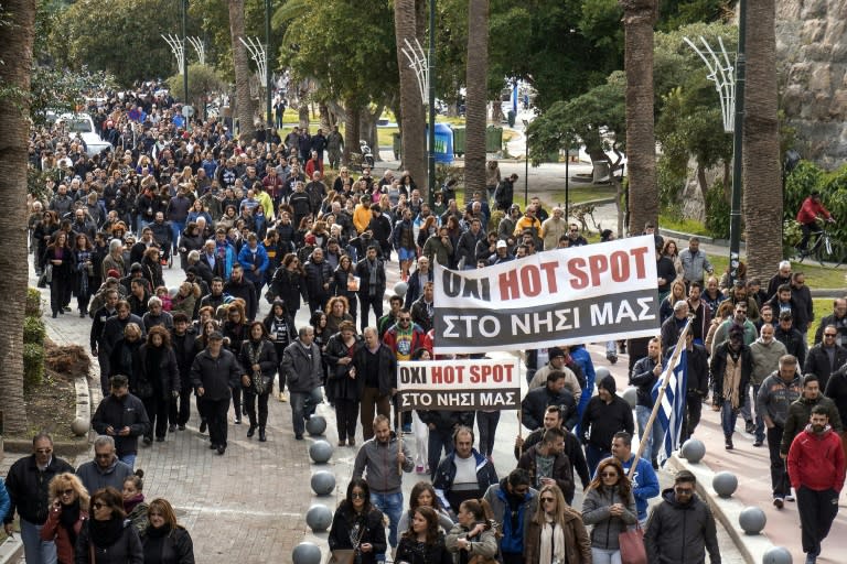 Residents of the Greek island of Kos demonstrate against the construction of a so-called "hotspot" for housing and processing migrants on their island on February 10, 2016