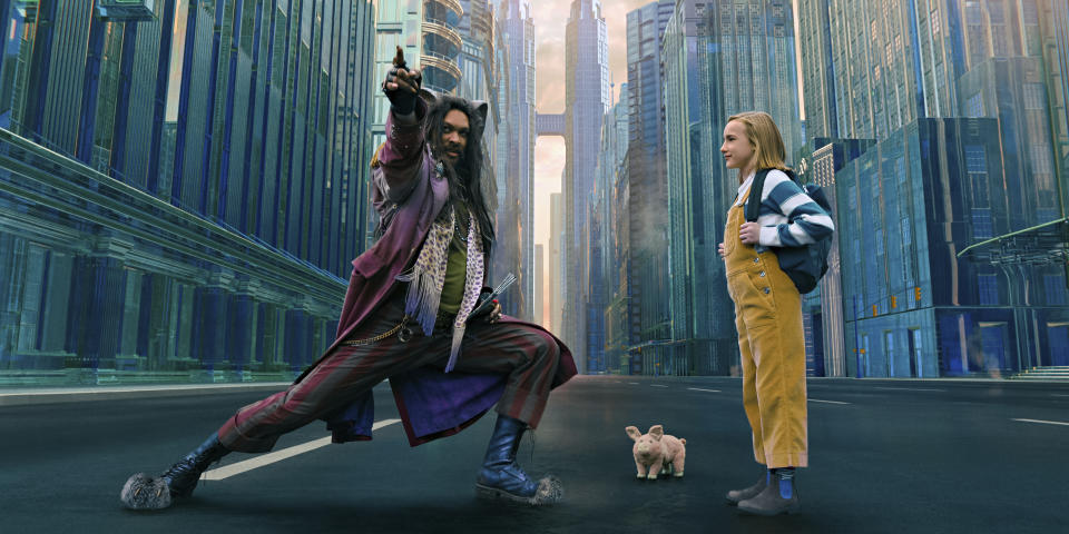 This image released by Netflix shows Jason Momoa, left, and Marlow Barkley in a scene from "Slumberland." (Netflix via AP)