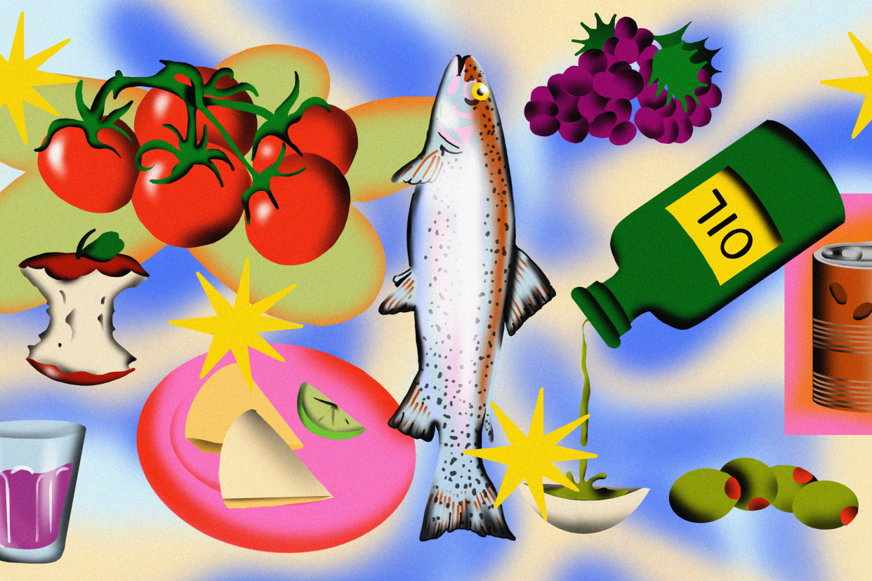 Mediterranean diet foods include fish, olive oil and seasonal fruits and vegetables.