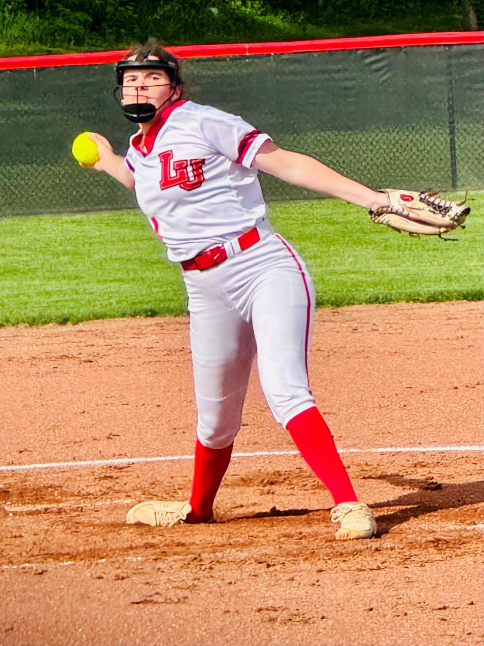 Liberty Union sophomore Suzie Shultz has a 23-12 overall record in her first two years as a varsity pitcher, including 347 strikeouts and has helped the Lions to an 18-6 record this year.