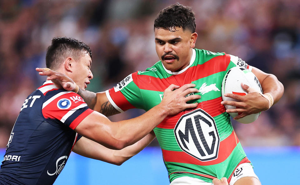 Latrell Mitchell, pictured here in action for the Rabbitohs against the Roosters.